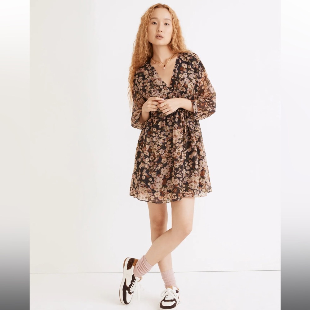 Madewell Drawstring Faux-Wrap Mini Dress in Daisy Reverie